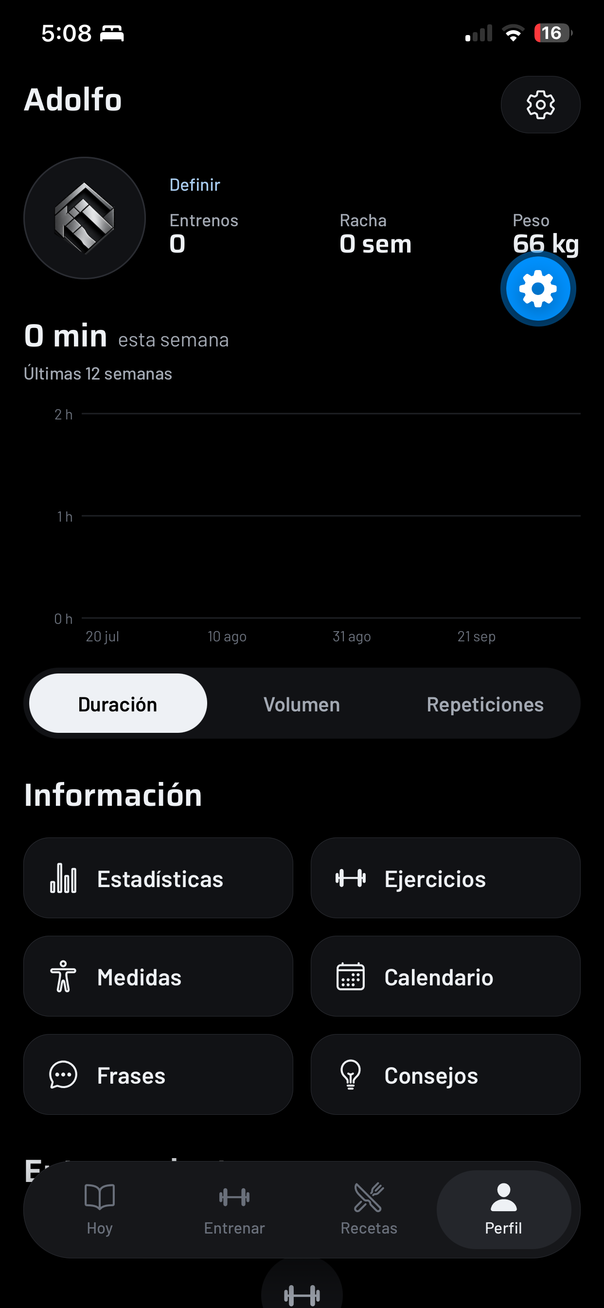 Perfil de la beta con estadísticas de entrenamiento y accesos a medidas y calendario